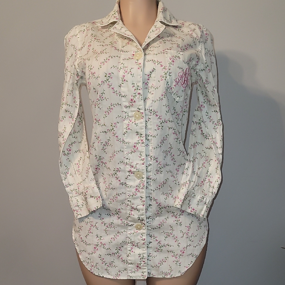 Ralph Lauren White Floral Button-Down Sleep Shirt